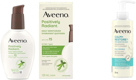 Aveeno Positively Radiant Daily Moisturizer SPF 15, 120 mL (Packaging May Vary) & Calm + Restore Nourishing Oat Facial Cleanser for Sensitive Skin, Gentle Gel Face Wash
