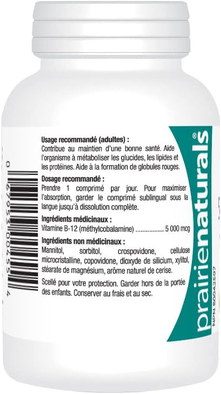 Prairie Naturals 舌下維生素 B12 甲鈷胺 5000mcg 幫助身體代謝蛋白質，形成紅血球，並預防維生素 B12 缺乏症 - 90 粒