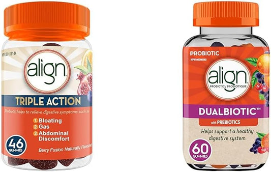 Align 三重功效软糖，男女适用益生元补充剂，有助于缓解胀气、腹胀；DUALBIOTIC 益生元 + 益生菌软糖，有助于支持健康的消化系统