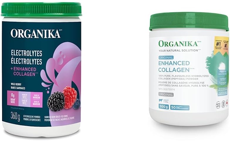 Organika 電解質 + 增強型膠原蛋白 - 野莓口味 - 無糖補水 + 蛋白質 360 克 - 30 份 & 增強型膠原蛋白肽蛋白粉，有益於頭髮、皮膚、指甲和關節健康