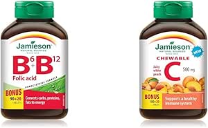 維生素 B6、維生素 B12 和葉酸，110 粒（1 包）和咀嚼片維生素 C 500 毫克 - 白桃味，120 粒（1 包）