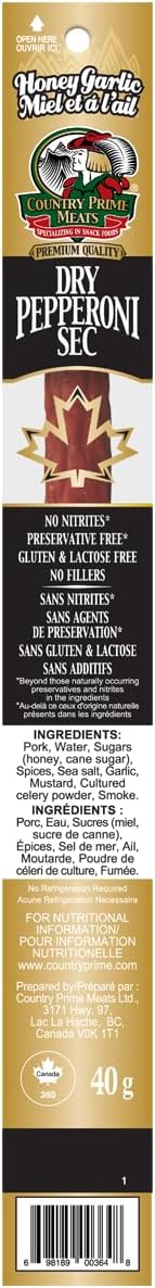 Country Prime Meats Honey Garlic Dry Cured Pepperoni Sticks. 100% Made In Canada. High Protein Snack. No Nitrites, No Artificial Flavours, Naturally Smoked, Gluten Free. 40g (Pack of 25)