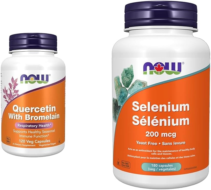 NOW 槲皮素與鳳梨蛋白酶素食膠囊，120 粒（1 包）和補充劑硒 200 微克膠囊，180 粒