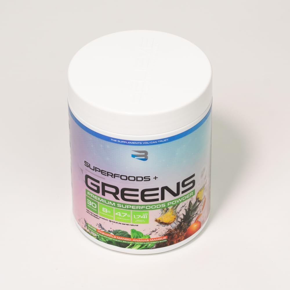 Believe Supplements 超级食品+绿色蔬菜 - 超级食品混合物 | 提升能量、免疫力和消化能力 | 富含抗氧化剂和必需营养素！（30份，菠萝芒果口味）