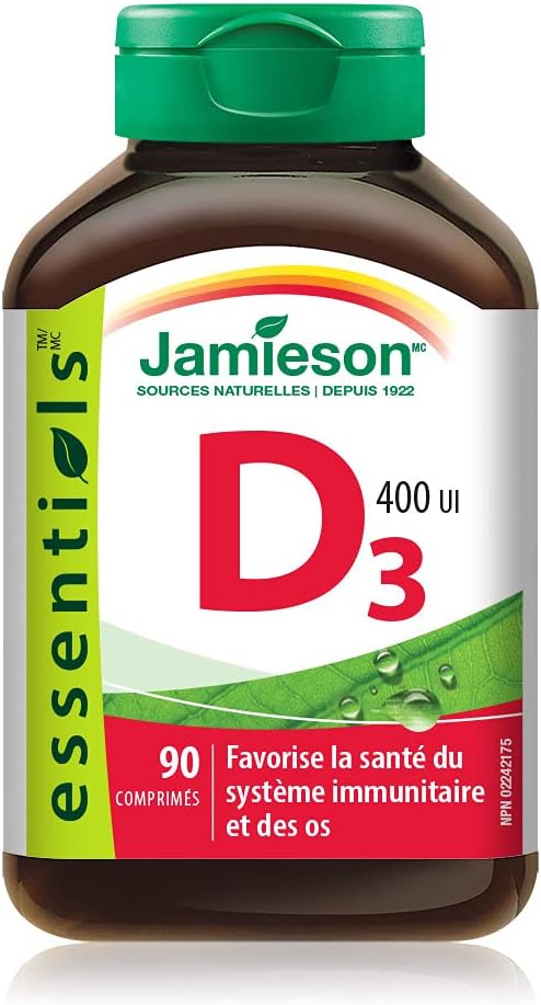 Jamieson 維生素 D3 400 國際單位片，支持免疫健康，強健骨骼和牙齒，增強鈣和磷的吸收。素食，非基因改造，無麩質，每日一片，90 片，加拿大製造