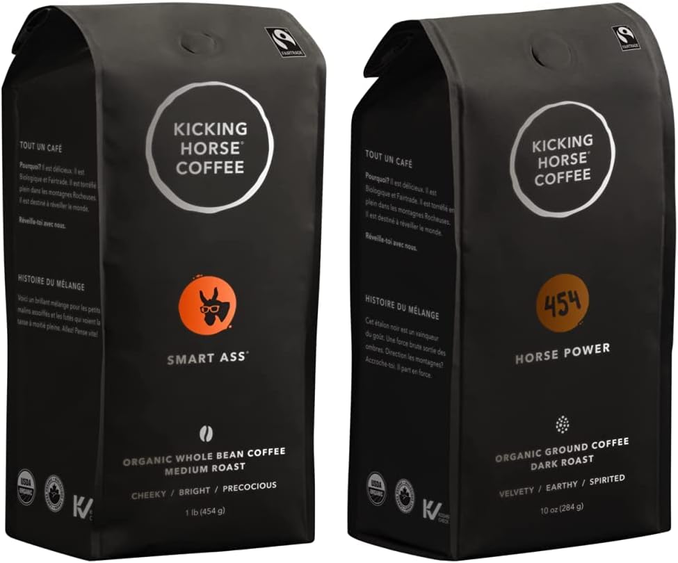 Kicking Horse Coffee，Smart Ass，中度烘焙，全豆，1 磅 - 有机认证、公平贸易、犹太洁食咖啡 & 454 马力，深度烘焙，研磨，284 克 - 有机认证、公平贸易、犹太洁食咖啡