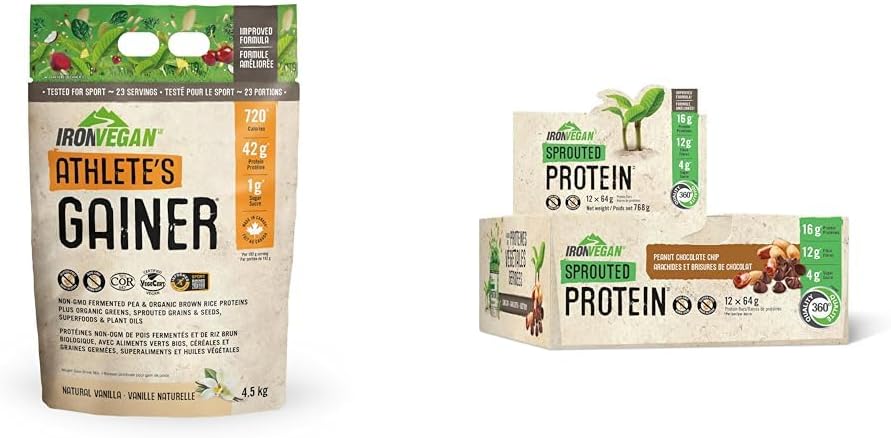 Athlete's Gainer Protein Powder, Natural Vanilla Flavour, 4.5 kg | Vegan and Non-GMO & Iron Vegan Sprouted Protein Bars | Peanut Chocolate Chip Flavour | 12 Pack