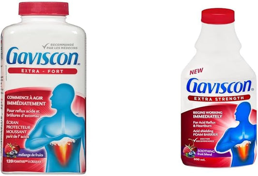 Gaviscon 強效片劑 - 120 片 - 日夜咀嚼式泡沫抗酸片劑和液體強效抗酸劑 - 600 毫升 - 日夜緩解胃灼熱的抗酸液