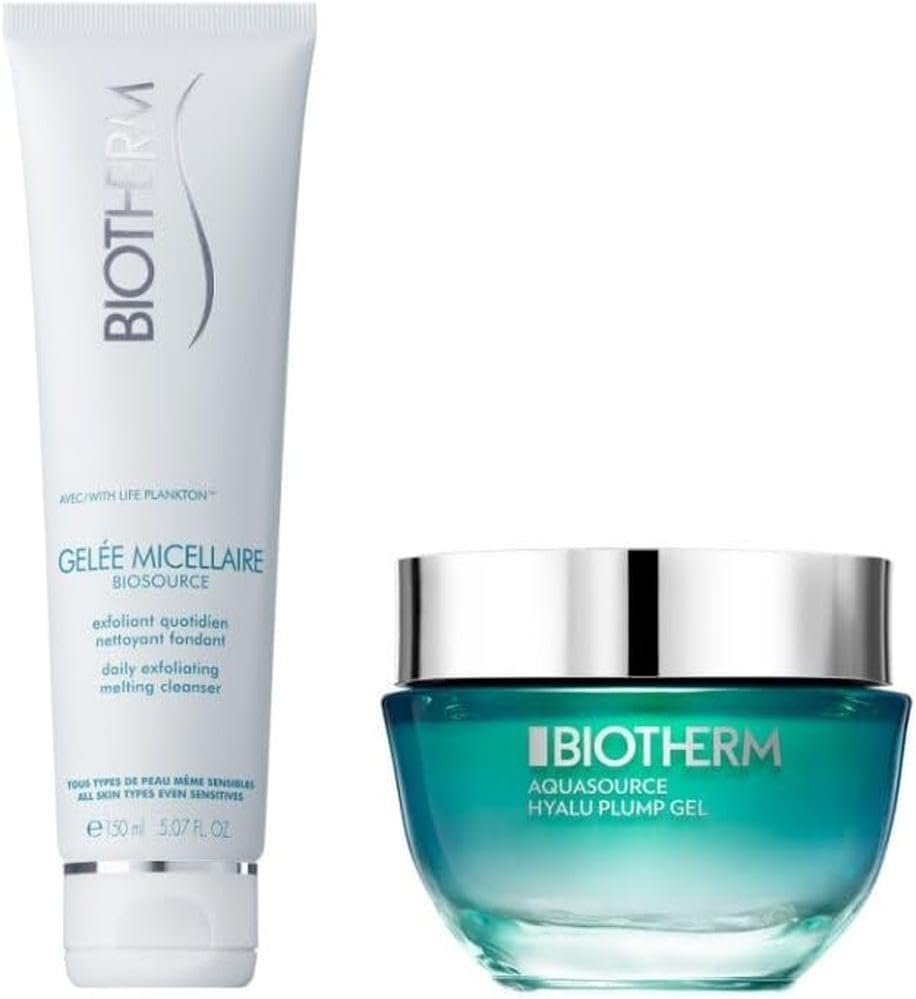 Biotherm Duo Set With Hyaluronic Acid Including Gelée Micellaire Daily Exfoliating Melting Cleanser and Aquasource Hyalu Plump Gel, Moisturizing for All Skin Types