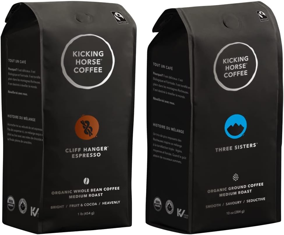 Kicking Horse Coffee Cliff Hanger 浓缩咖啡，中度烘焙，全豆，1 磅（6 包）- 有机认证，公平贸易 & Three Sisters，研磨，284 克 - 有机认证，公平贸易，犹太洁食咖啡