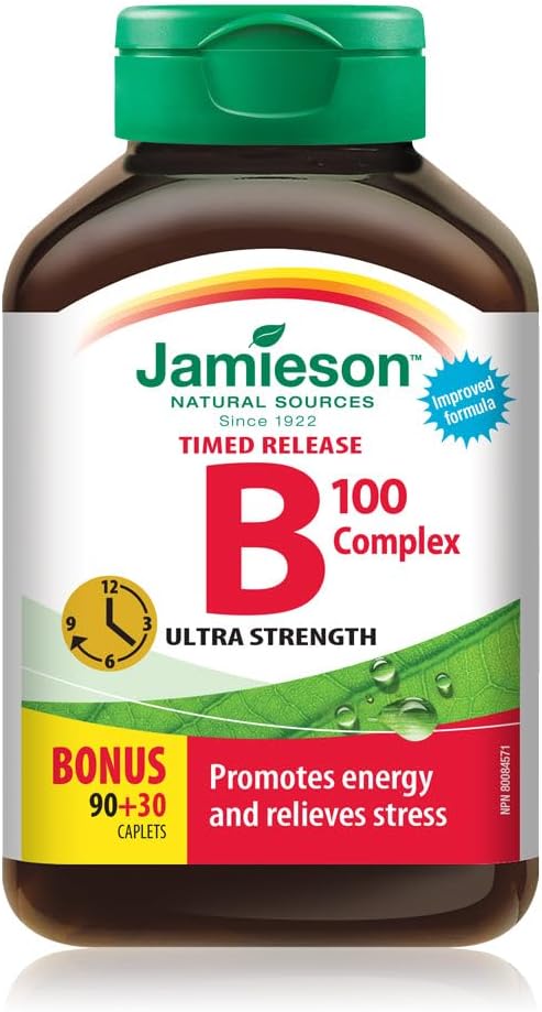 Jamieson 奶蓟草 4,500 毫克 60+30 粒胶囊和 B100 复合物超强效定时释放 - 加量装，非转基因，无麸质，黄色，120 粒（1 包）- 包装可能有所不同