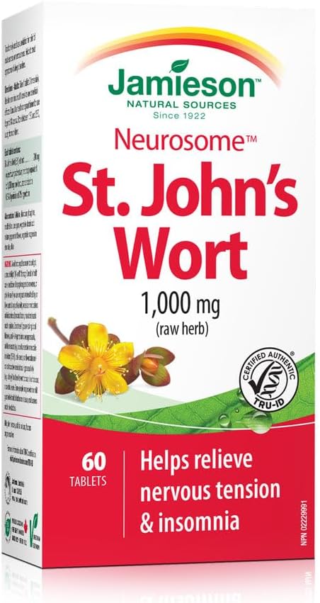 Jamieson St. John's Wort 1,000 mg, Neurosome, Calming, and Helps Relieve Nervousness. Non-GMO, Gluten-Free, 60 Tablets, Proudly Canadian