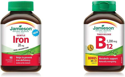 Jamieson 溫和鐵劑 28 毫克 甘氨酸亞鐵和維生素 B12（鈷胺素）1200 微克 定時釋放 | 90 粒 + 80 片