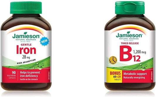 Jamieson 溫和鐵劑 28 毫克 甘氨酸亞鐵和維生素 B12（鈷胺素）1200 微克 定時釋放 | 90 粒 + 80 片