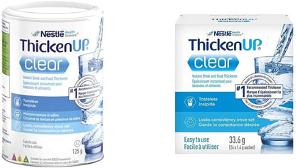 ThickenUp Clear，速溶食品和饮料增稠剂，125克罐装；ThickenUp Clear，速溶食品和饮料增稠剂，24 x 1.4克小袋装