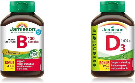 B100 复合超强效定时释放 - 加量装，非转基因，无麸质，黄色，120 粒（1 包）- 包装可能有所不同 & 维生素 D3 1,000 IU，240 粒（1 包）