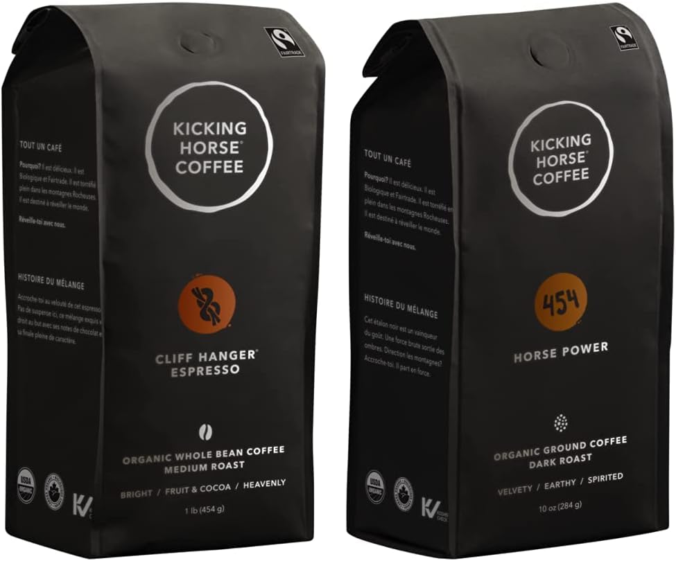 Kicking Horse Coffee，Cliff Hanger 濃縮咖啡，中度烘焙，全豆，1 磅 - 有機認證、公平貿易 & 454 馬力，深度烘焙，研磨，284 克 - 有機認證、公平貿易、猶太潔食咖啡