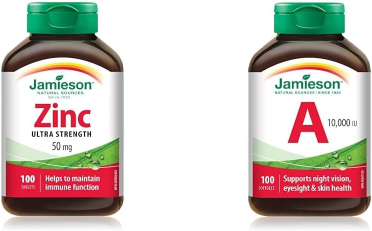 Jamieson Laboratories 鋅 50 毫克，100 粒（1 包）和維生素 A 10,000 IU，100 粒（1 包）