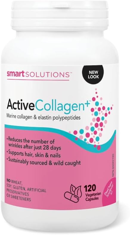 Smart Solutions Active Collagen+，含水解野生魚膠原蛋白和彈性蛋白多肽，支持頭髮、皮膚和指甲，120 粒素食膠囊