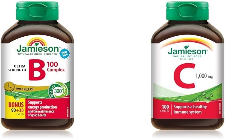B100 复合超强效定时释放 - 加量装，非转基因，无麸质，黄色，120 粒（1 包）- 包装可能有所不同 & 维生素 C 1,000 毫克，100 粒（1 包）