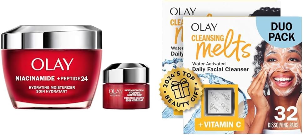 Olay Regenerist Niacinamide Face Moisturizer (50 mL) + Micro-Sculpting Cream Mini (15mL) + Cleansing Melts Vitamin C Facial Cleanser (64ct) - Travel Skin Care Bundle