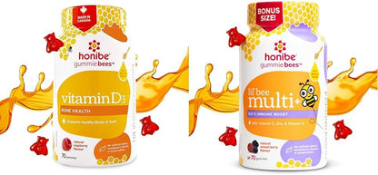 Honibe 儿童和成人维生素 D 软糖 | 加拿大制造的蜂蜜基维生素 & 儿童复合维生素软糖增强免疫力 | 加拿大制造的蜂蜜基维生素 | 70 粒软糖