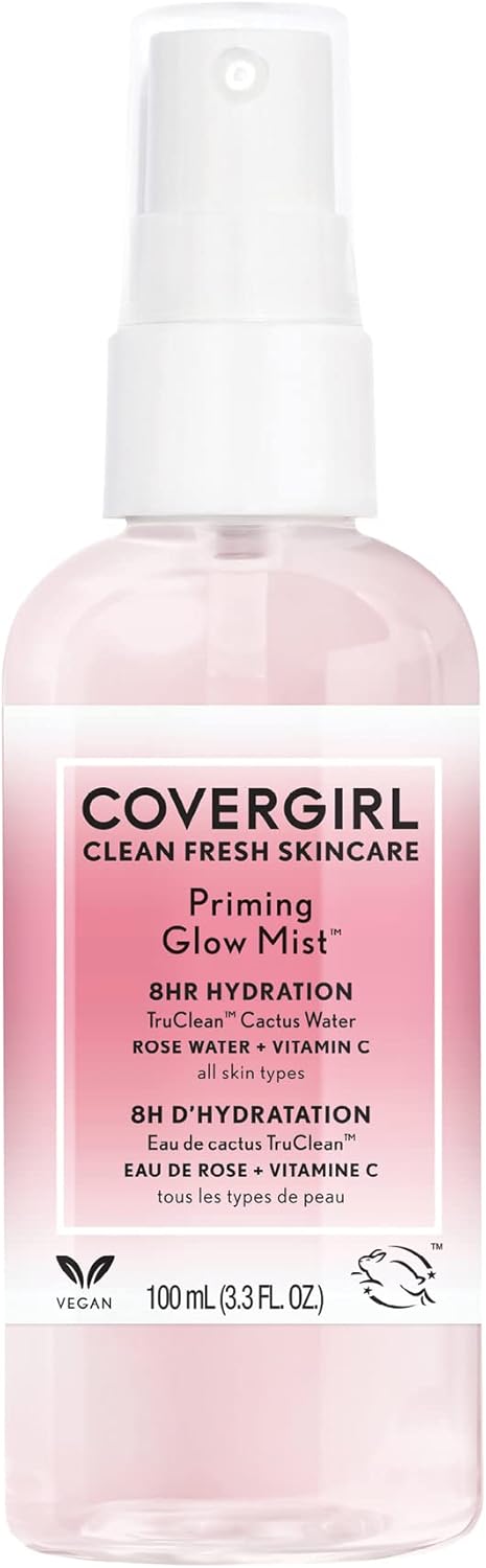 CoverGirl - Clean Fresh Skincare Priming Glow Mist, Formulated with Cactus Water, Rose Water and Vitamin C for 8HR Hydration, 100% Vegan & Cruelty-Free, 3.38 Ounce