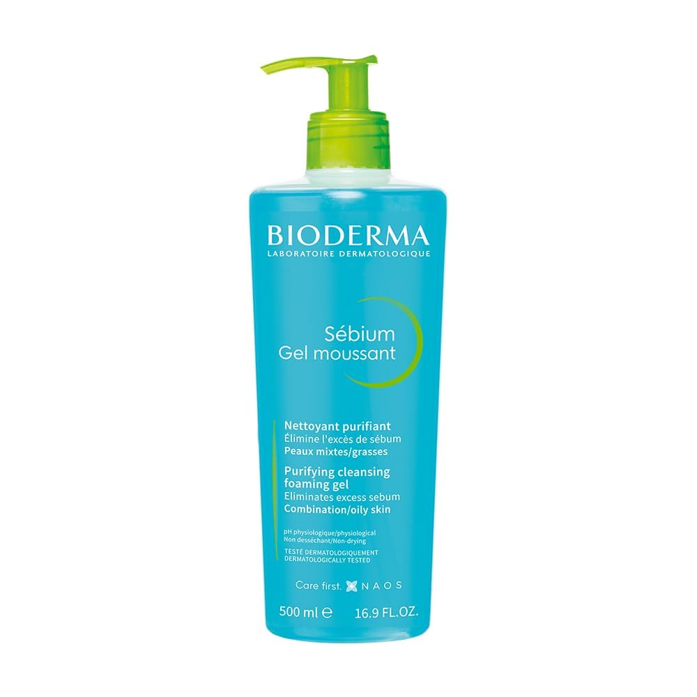 Bioderma Sébium Foaming Gel Gentle Face Cleanser Pump, Makeup Removing Cleanser, Skin Purifying Face Wash for Combination to Oily Skin, 16.7 Fl Oz