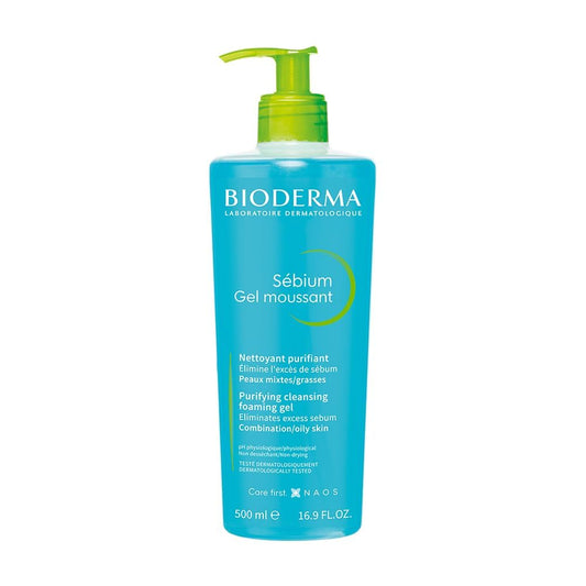 Bioderma Sébium Foaming Gel Gentle Face Cleanser Pump, Makeup Removing Cleanser, Skin Purifying Face Wash for Combination to Oily Skin, 16.7 Fl Oz