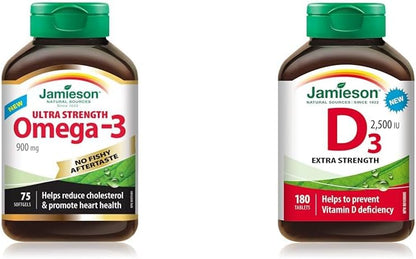 无鱼腥味 Omega-3 900 毫克超强效，75 片（1 包）和维生素 D 2500IU 全新 180 片