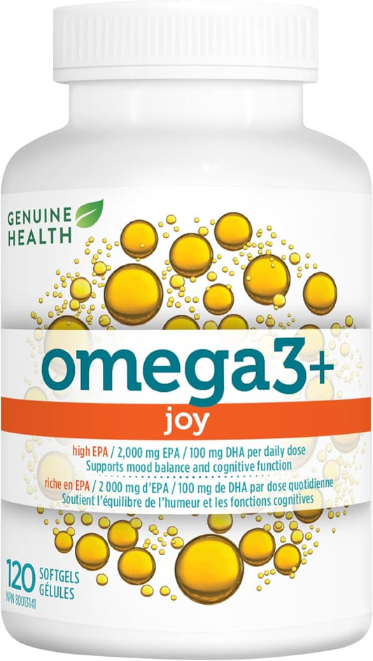 002 Genuine Health Omega3+ Joy，120粒软胶囊，2000毫克EPA，100毫克DHA，支持健康的日常情绪平衡，野生捕捞，非转基因。