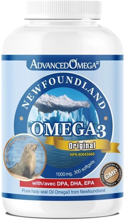 002  ADVANCED OMEGA 海豹油 1000MG（300 粒），加拿大紐芬蘭豎琴海豹 Omega-3 補充劑，非基因，不含麩質、大豆和乳製品，加拿大製造