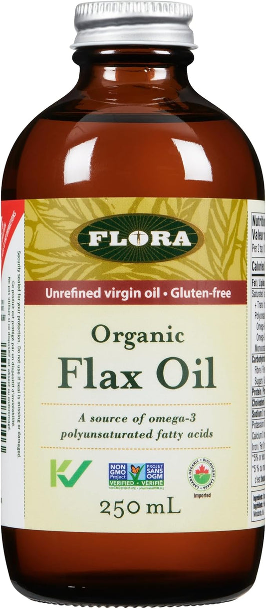 002 Flora Health 认证有机亚麻油 - 冷榨 &amp; 未精炼 - 非转基因、无麸质、犹太洁食 Omega 亚麻籽油混合物 - 健康必需脂肪酸 - 250 毫升液体，玻璃瓶