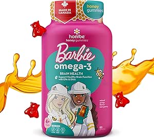 002 Honibe Omega 3 软糖，适合儿童和成人，芭比款，加拿大制造，脂肪酸支持大脑健康，Omega-3 EPA 和 DHA 的可靠来源，可持续来源的鱼油，无鱼腥味，60粒软糖