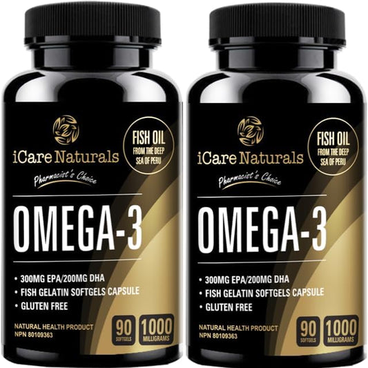 002 iCare Naturals - Omega 3 鱼油补充剂 - 300毫克EPA/200毫克DHA，鱼明胶软胶囊，不含麸质 - 1000毫克
