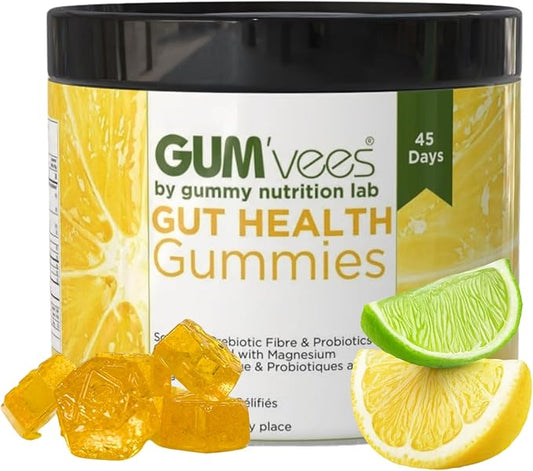 002  Gum'vees by Gummy Nutrition Lab 腸道健康纖維軟糖 - 含益生元、益生菌和鎂的纖維消化健康補充劑 - 支持消化健康、腸道菌群平衡和規律性 - 加拿大製造 - 90 粒軟糖 | 45天供應量 |檸檬青檸口味