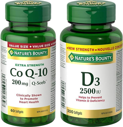 Nature's Bounty Co Q10 强效 200 毫克补充剂促进心脏健康，多色，60 粒软胶囊和维生素 D3 2500 IU，300 粒软胶囊，有助于预防维生素 D 缺乏症，超值装