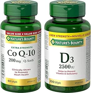 Nature's Bounty Co Q10 強效 200 毫克補充劑促進心臟健康，多色，60 粒軟膠囊和維生素 D3 2500 IU，300 粒軟膠囊，有助於預防維生素 D 缺乏症，超值裝