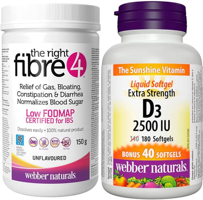 Webber Naturals Fibre4 肠易激综合征肠道不适软胶囊 150 克，原味，30 份，含 2500 国际单位维生素 D3 强效配方，180 粒软胶囊，有益骨骼和牙齿健康