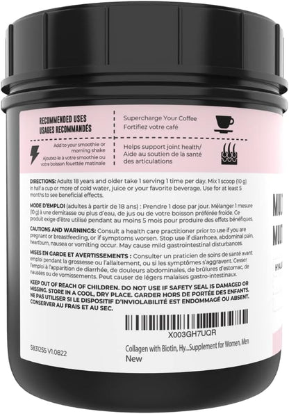 Collagen with Biotin, Hyaluronic Acid, Vitamin C, 1 lb Powder. Hydrolyzed Multi Collagen Peptide Protein. Types I, II, III, V, X, Collagen for Hair, Skin, Nails*. Collagen Supplement for Women, Men