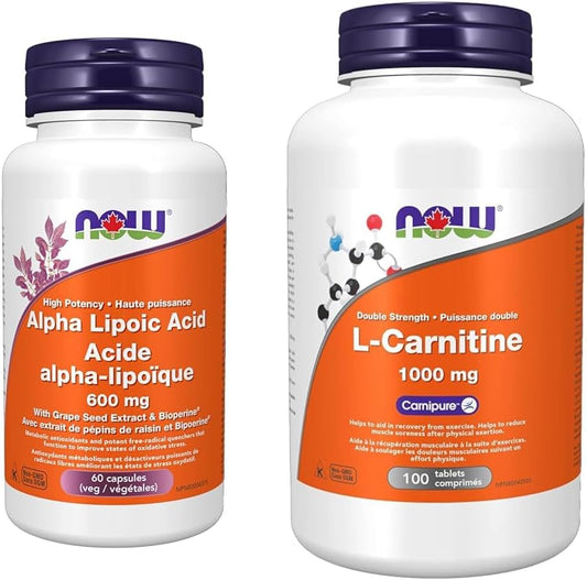 NOW α-硫辛酸，600毫克，60粒素食膠囊和左旋肉鹼，雙倍強度1000毫克，100片