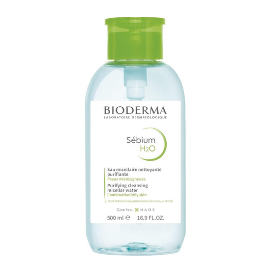Bioderma Sébium H2O PUMP, Micellar Water, Cleansing and Make-Up Removing for Combination to Oily Skin, Green Bottle, 17 Fl Oz