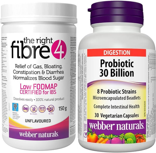 Webber Naturals The Right Fibre4 IBS 肠道不适 150 克，无味，30 份，纤维和益生菌 300 亿活性细胞，8 种益生菌菌株，30 粒胶囊，用于消化系统