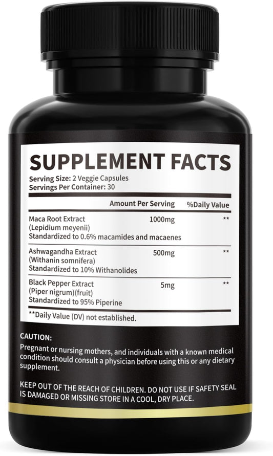 [2-Pack] Maca Root with Ashwagandha Complex, Ultra Concentrated, 60 Veggie Capsules, Supports Performance, Stamina and Focus, Maca Root Capsules for Men