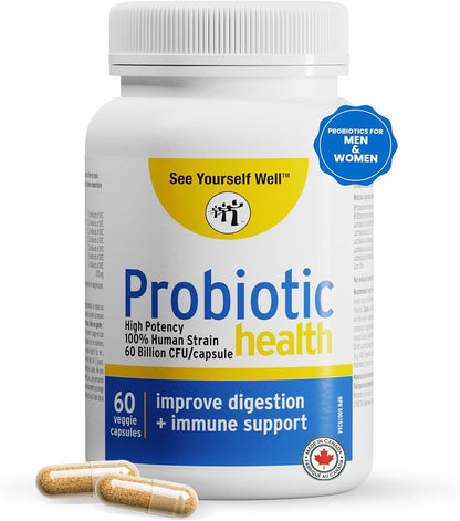600億菌落形成單位益生菌：促進消化和腸道健康 - 緩解偶發性便秘、腹瀉、脹氣和腹脹 - 增強免疫力 - 高效配方，男女皆宜。 See Yourself Well 出品。 60粒