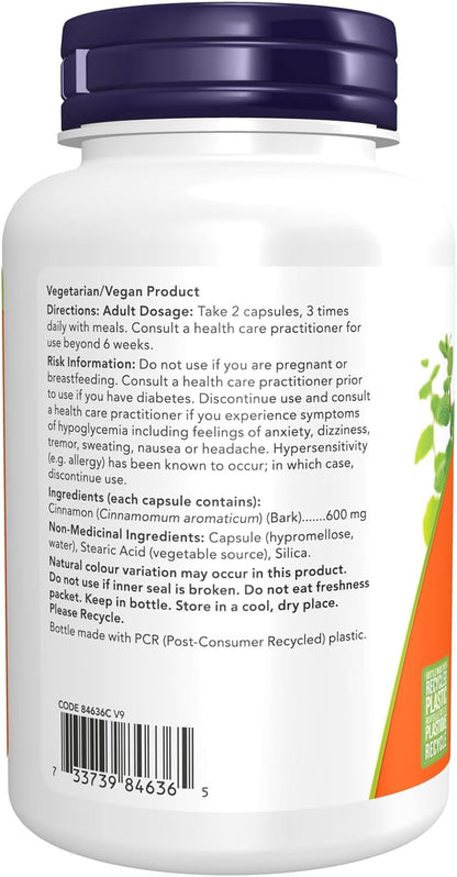 NOW Supplements, 肉桂皮 600 毫克，经非转基因项目验证，促进健康葡萄糖代谢，120 粒素食胶囊