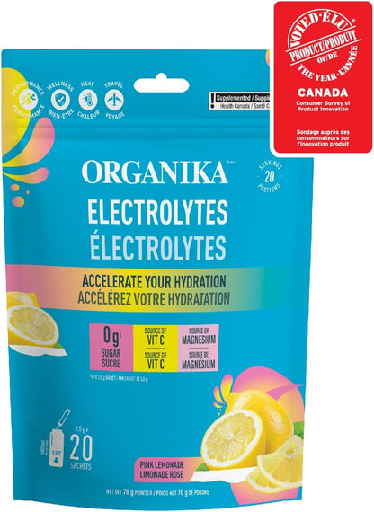 Organika 加拿大制造电解质粉 - 粉红柠檬水小袋装 - 随时随地补充水分和电解质，含益生元和维生素 C，3.5 克 x 20 包