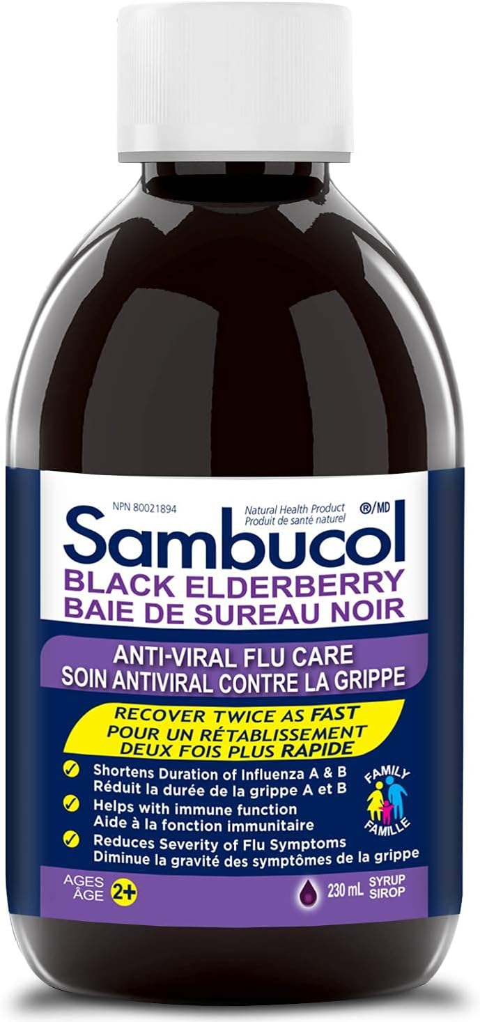 Sambucol Black Elderberry Anti-Viral Flu Care | Quickly Relieves Cold & Flu Symptoms | Immune Support & Antioxidant | Ideal for Families | Syrup, 230 mL, blue