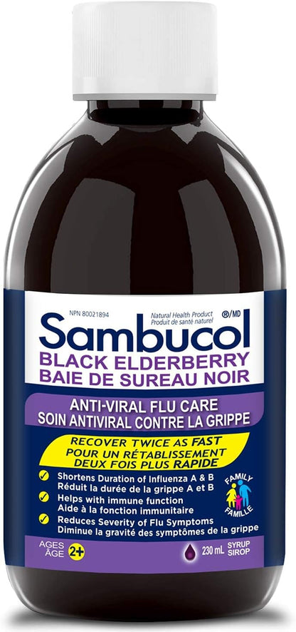 Sambucol Black Elderberry Anti-Viral Flu Care | Quickly Relieves Cold & Flu Symptoms | Immune Support & Antioxidant | Ideal for Families | Syrup, 230 mL, blue