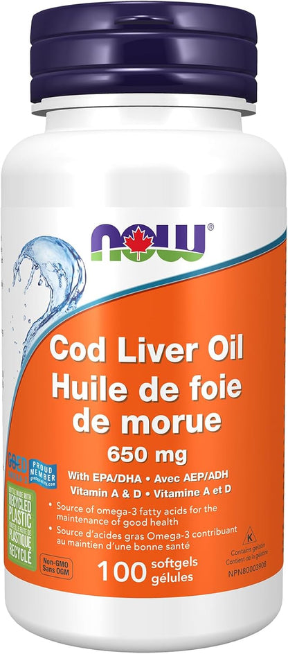 NOW Supplements，鳕鱼肝油 650 毫克，维生素 A 和 D-3 的优质来源，100 粒软胶囊